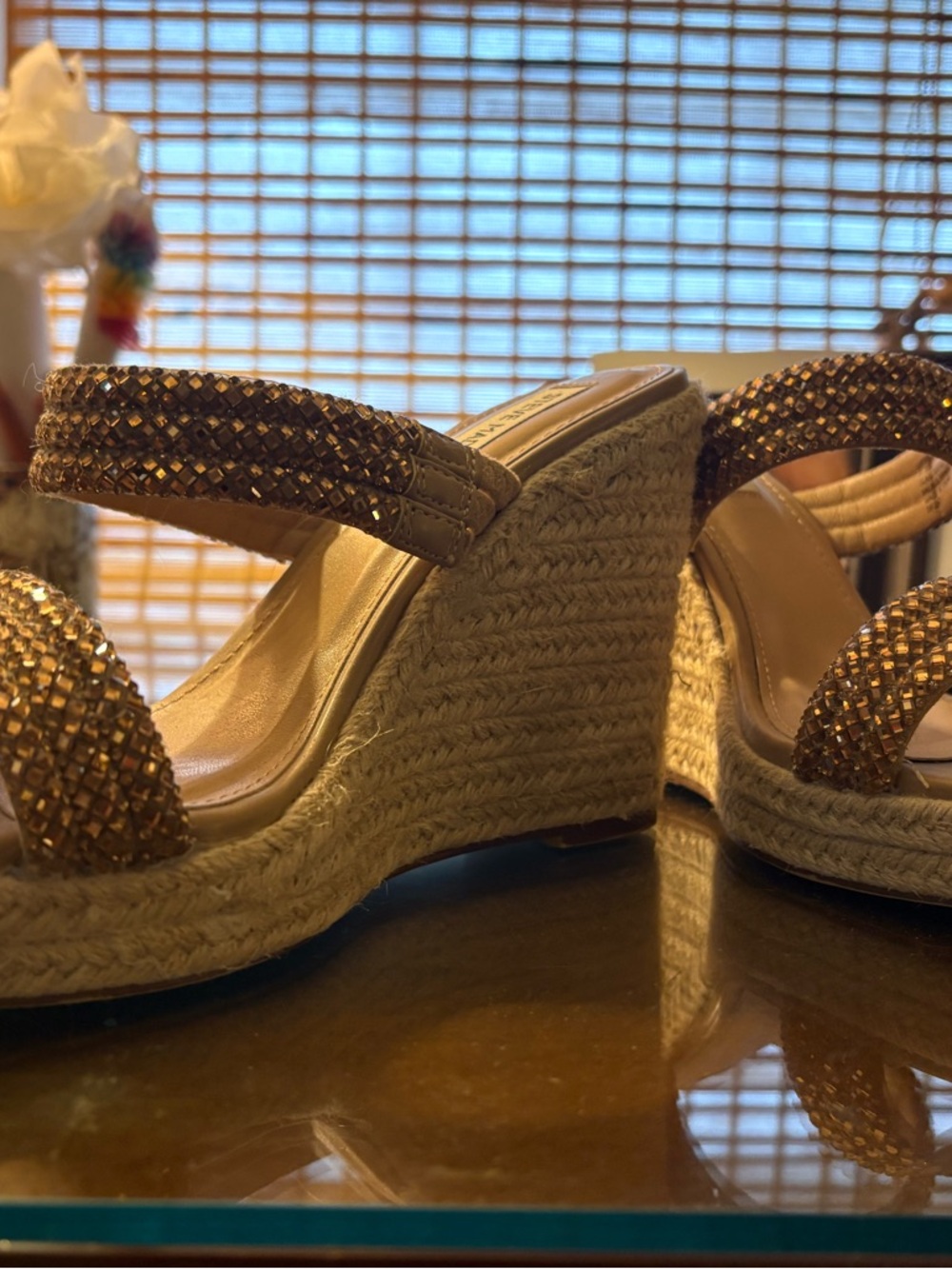 Wedge Espadrille Sandals with Metallic Beaded Straps - Gold